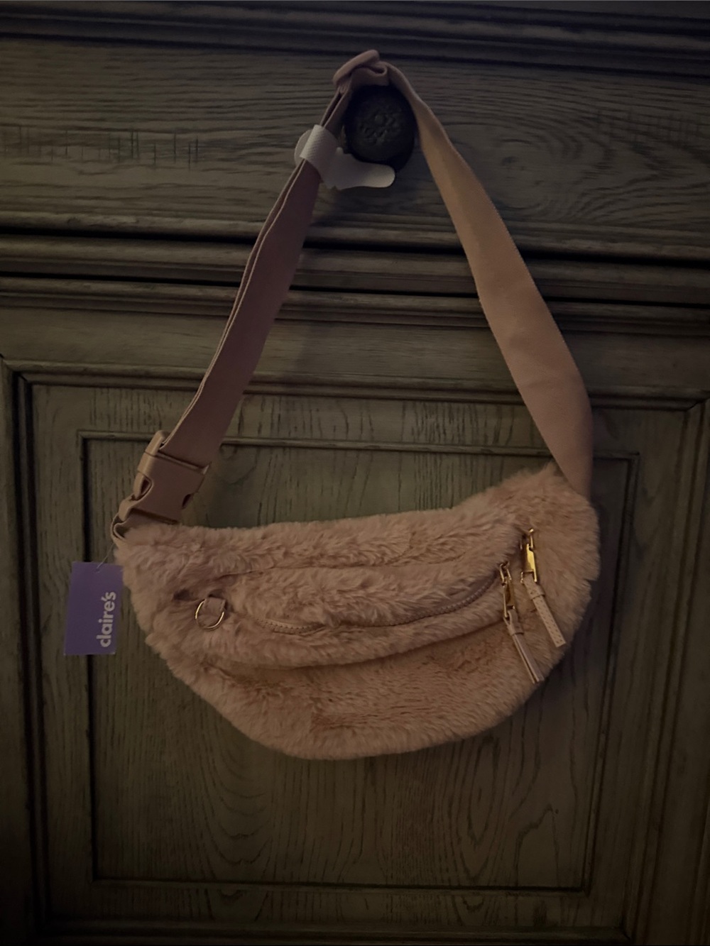 Claire's Dusty Pink Faux Fur Crossbody Bag with Gold Zippers